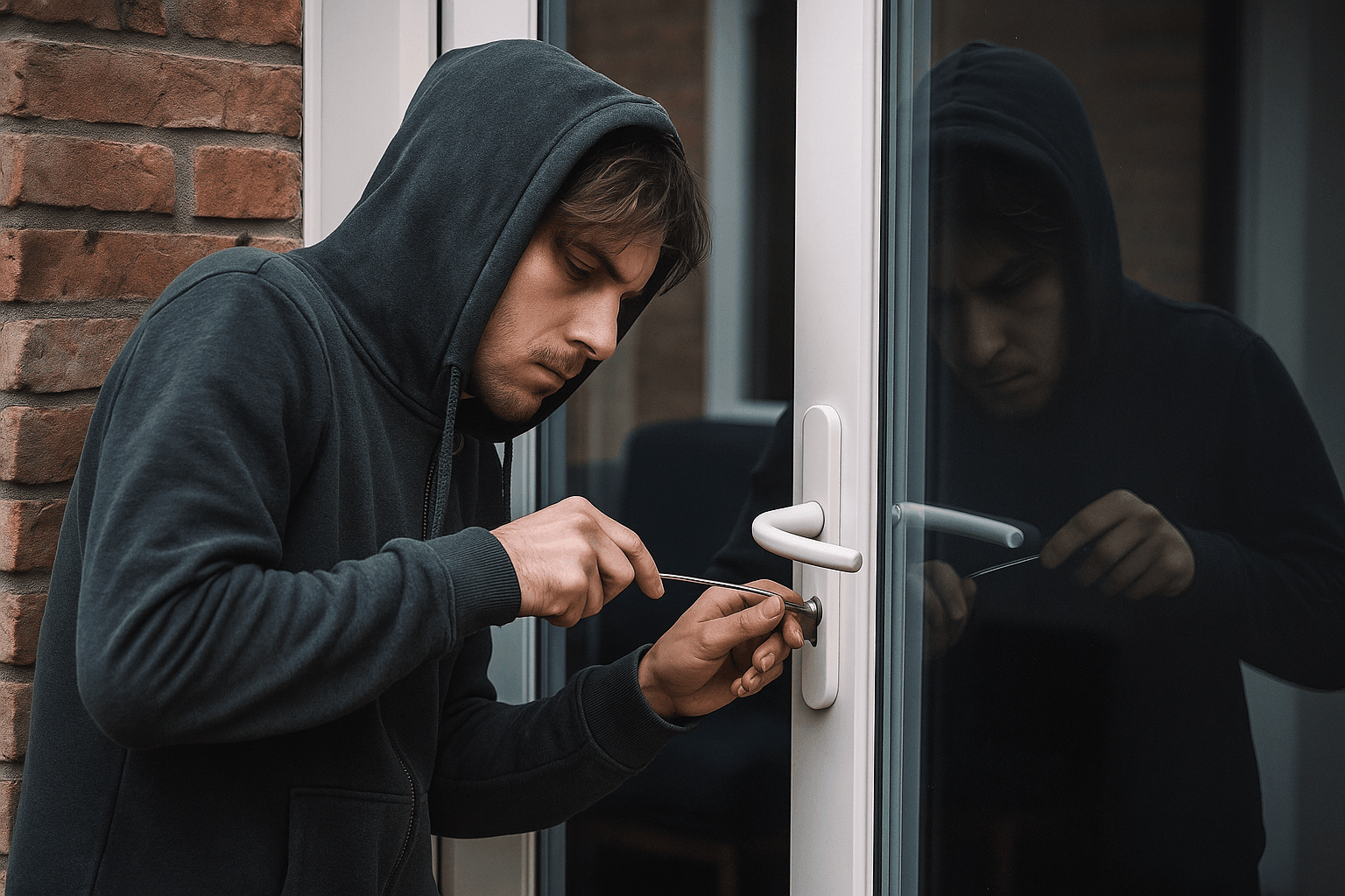 Homme en capuche forçant la serrure d'une porte, illustration des méthodes d'intrusion utilisées par les squatteurs
