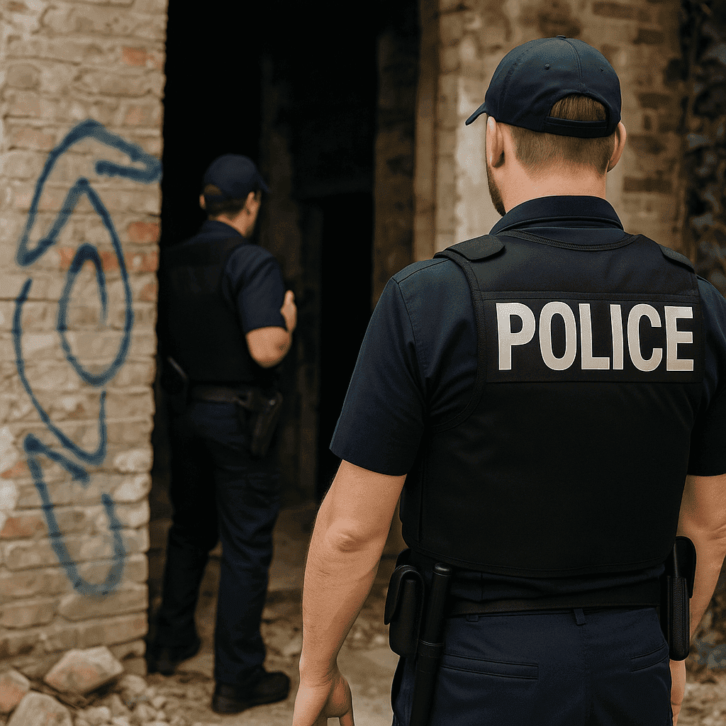 Policier devant un immeuble squatté prêt à intervenir dans le cadre légal